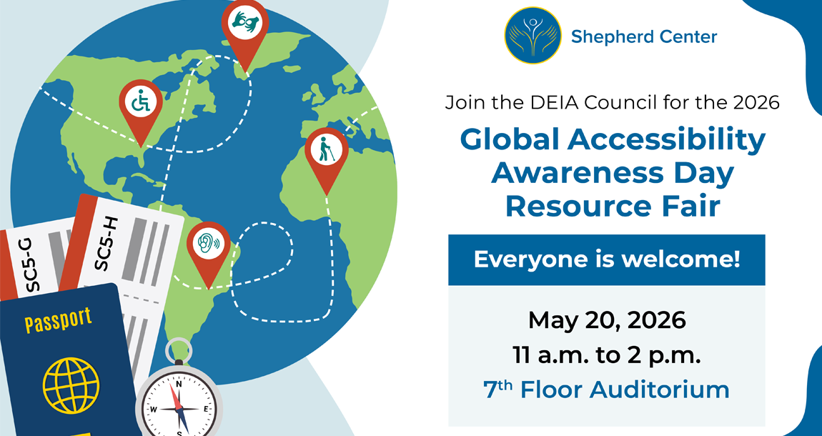 Event flyer with a globe, passport, and boarding passes, inviting people to the Global Accessibility Awareness Day Resource Fair on May 20, 2026, from 11 a.m. to 2 p.m., at the 7th Floor Auditorium. Everyone is welcome.